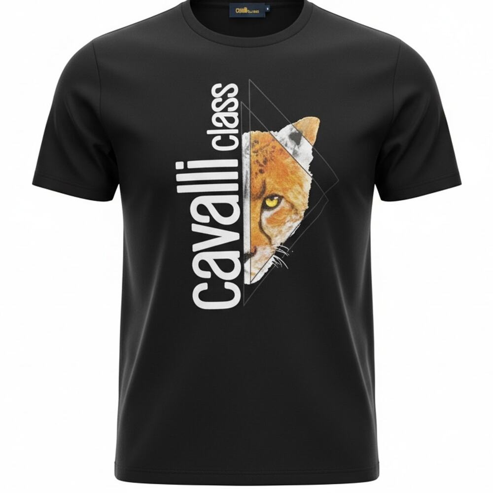 Roberto Cavalli Class Hidden Cheetah Men's Small Black Graphic T-Shirt Luxury